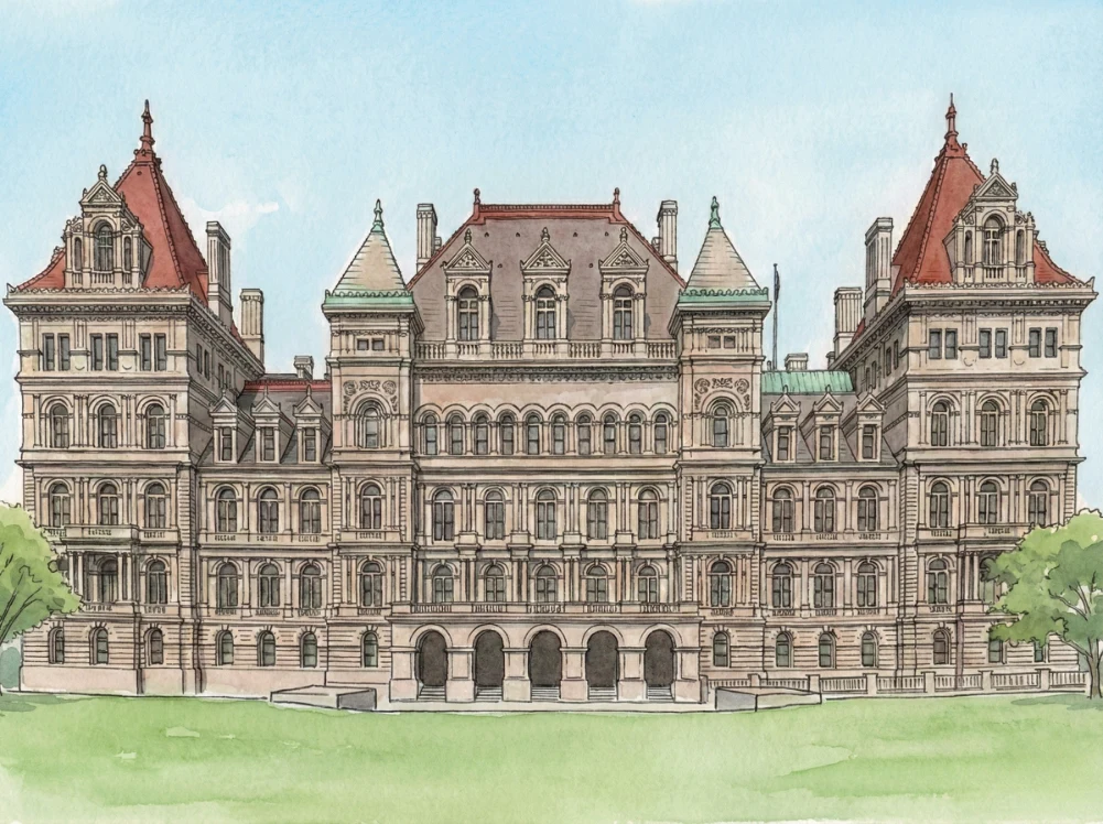Watercolor illustration of the New York State Capitol in Albany