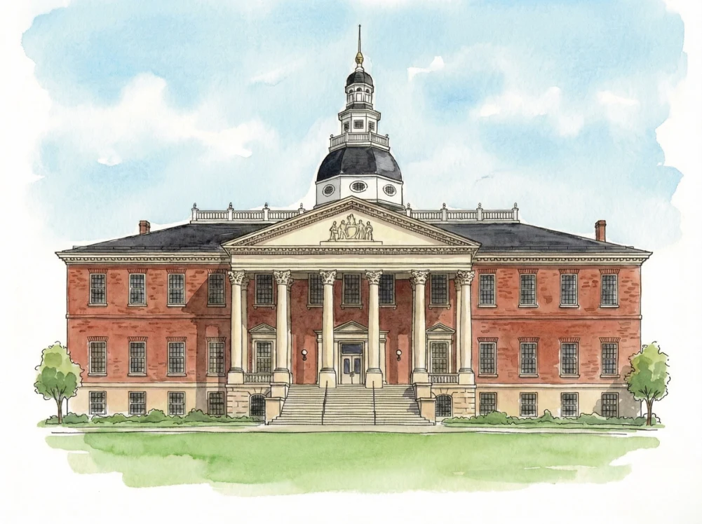 Watercolor illustration of the Maryland State Capitol in Annapolis