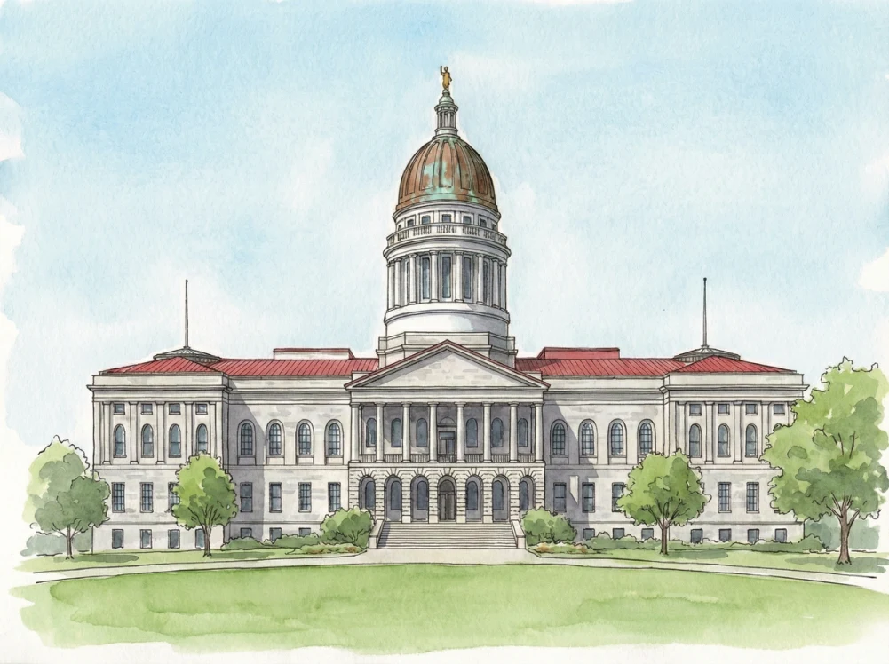 Watercolor illustration of the Maine State Capitol in Augusta