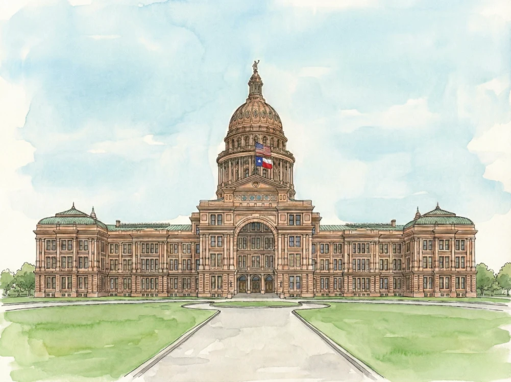 Watercolor illustration of the Texas State Capitol in Austin