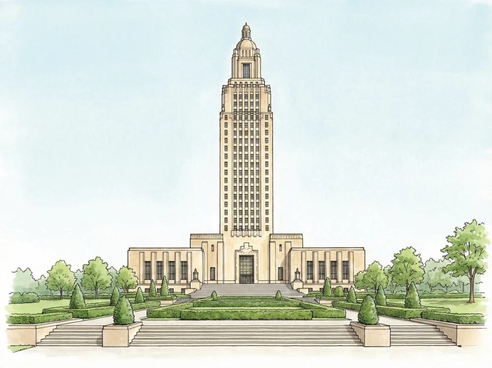 Watercolor illustration of the Louisiana State Capitol in Baton Rouge