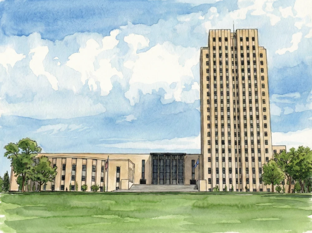 Watercolor illustration of the North Dakota State Capitol in Bismarck