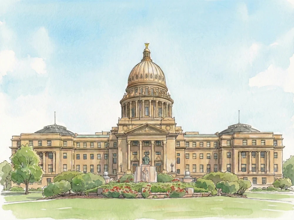 Watercolor illustration of the Idaho State Capitol in Boise