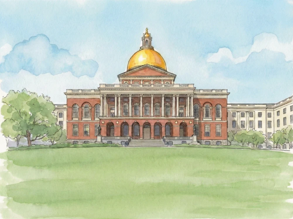 Watercolor illustration of the Massachusetts State Capitol in Boston