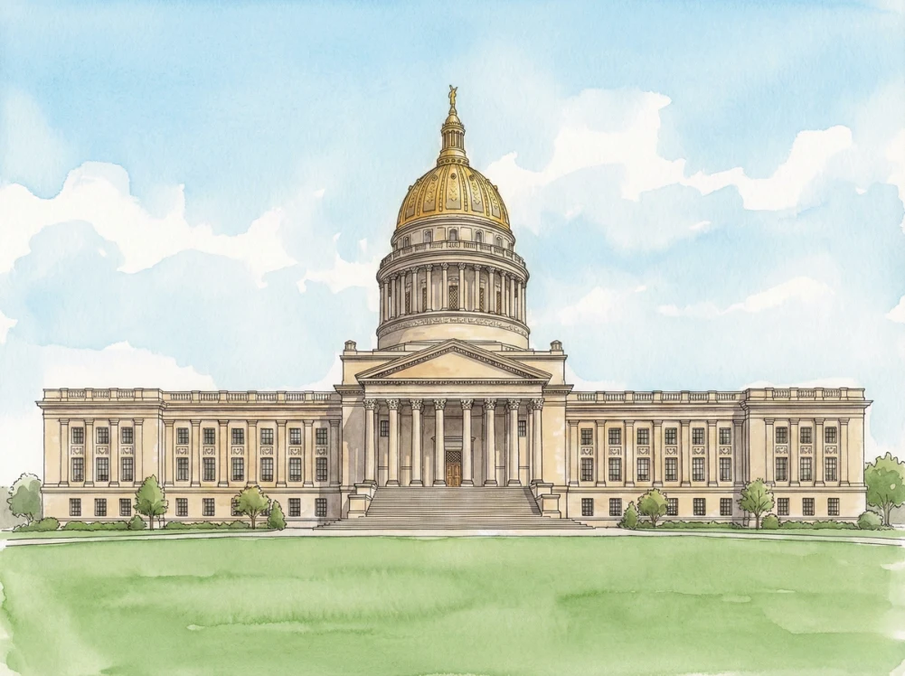 Watercolor illustration of the West Virginia State Capitol in Charleston