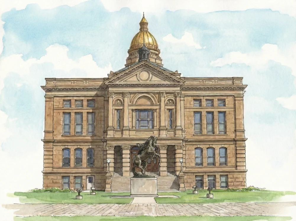 Watercolor illustration of the Wyoming State Capitol in Cheyenne