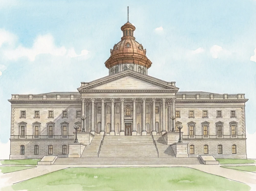 Watercolor illustration of the South Carolina State Capitol in Columbia