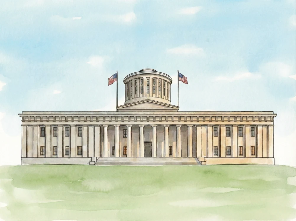 Watercolor illustration of the Ohio State Capitol in Columbus
