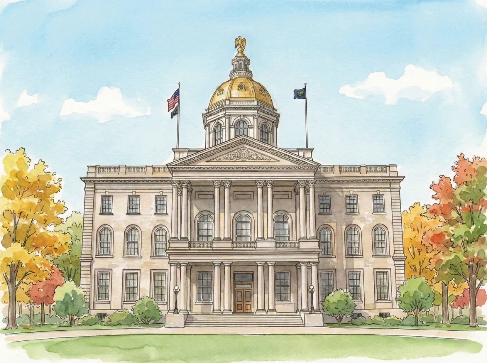 Watercolor illustration of the New Hampshire State Capitol in Concord