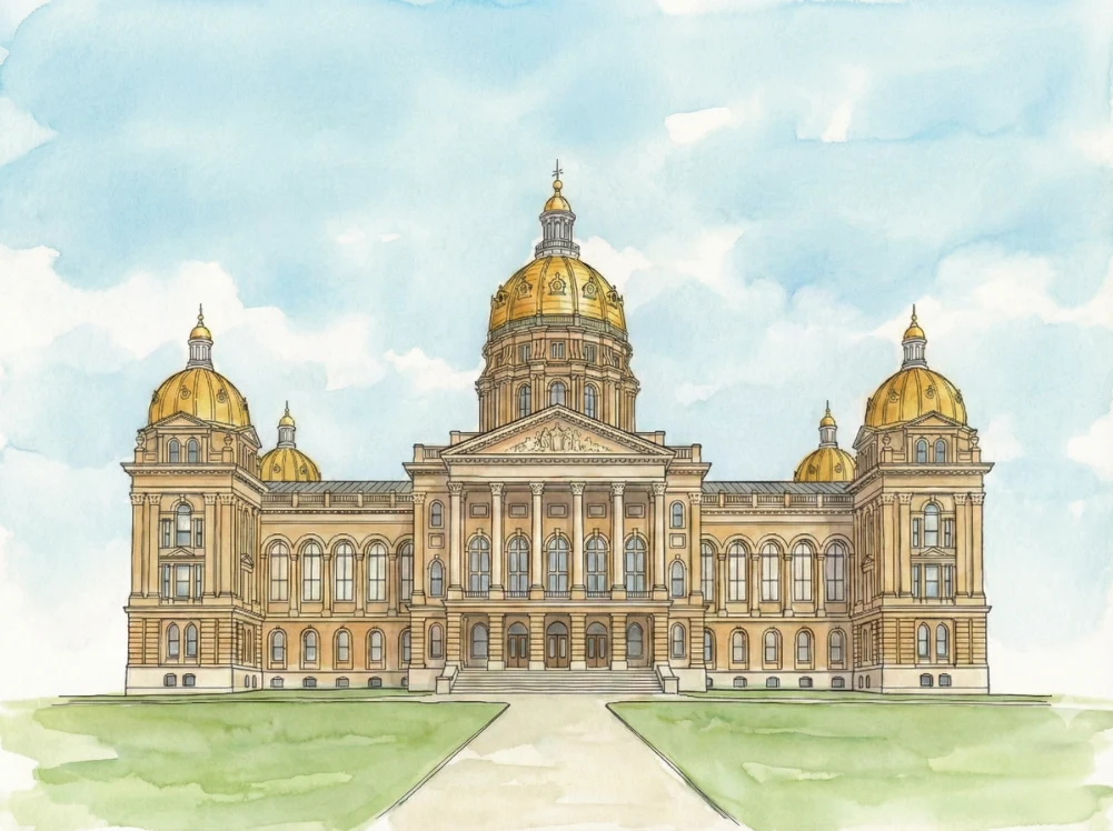 Watercolor illustration of the Iowa State Capitol in Des Moines
