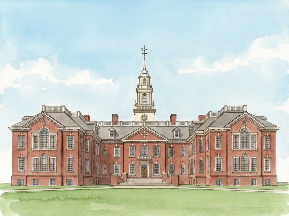 Watercolor illustration of the Delaware State Capitol in Dover