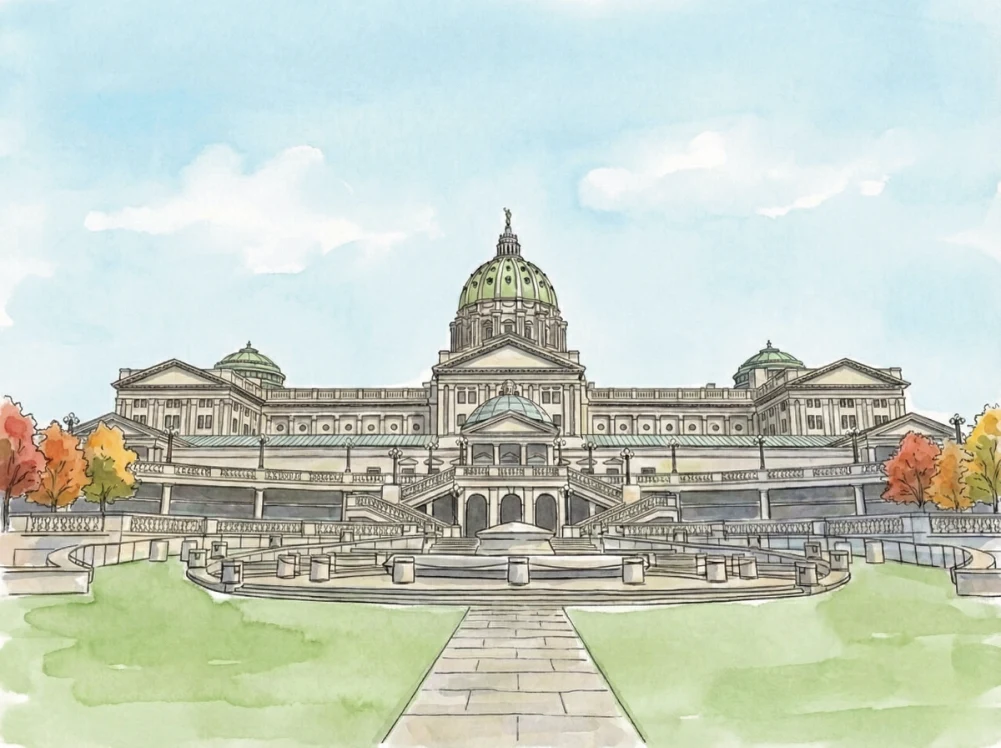 Watercolor illustration of the Pennsylvania State Capitol in Harrisburg