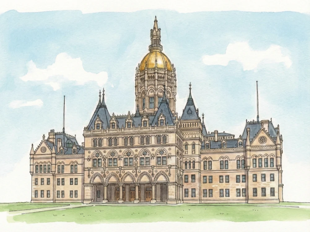 Watercolor illustration of the Connecticut State Capitol in Hartford
