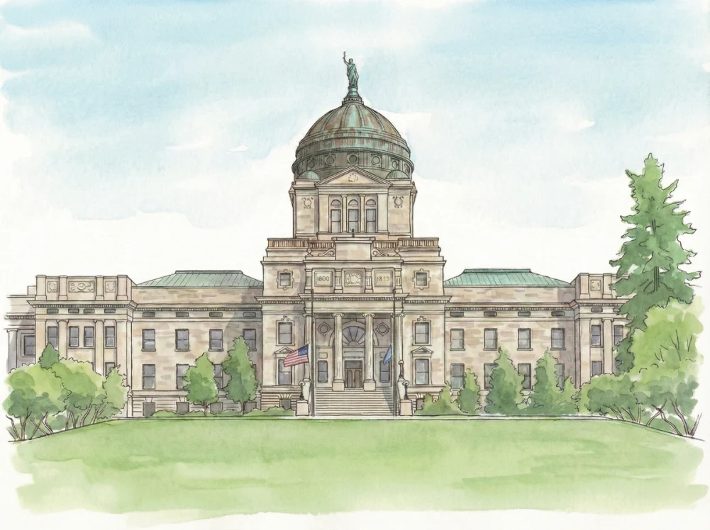 Watercolor illustration of the Montana State Capitol in Helena