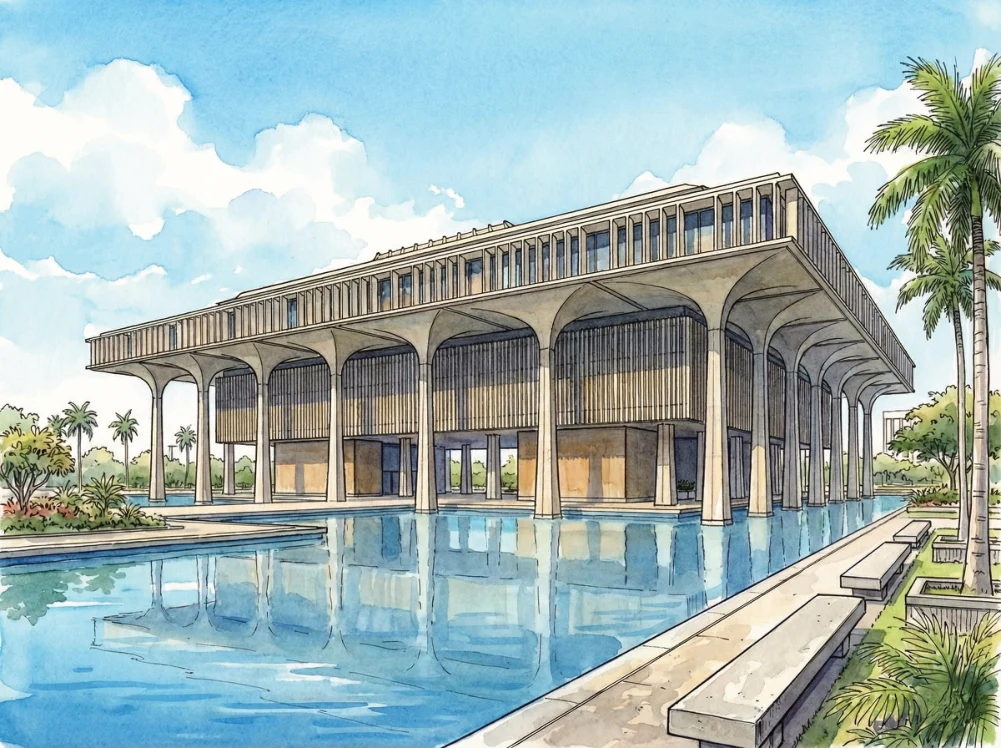 Watercolor illustration of the Hawaii State Capitol in Honolulu