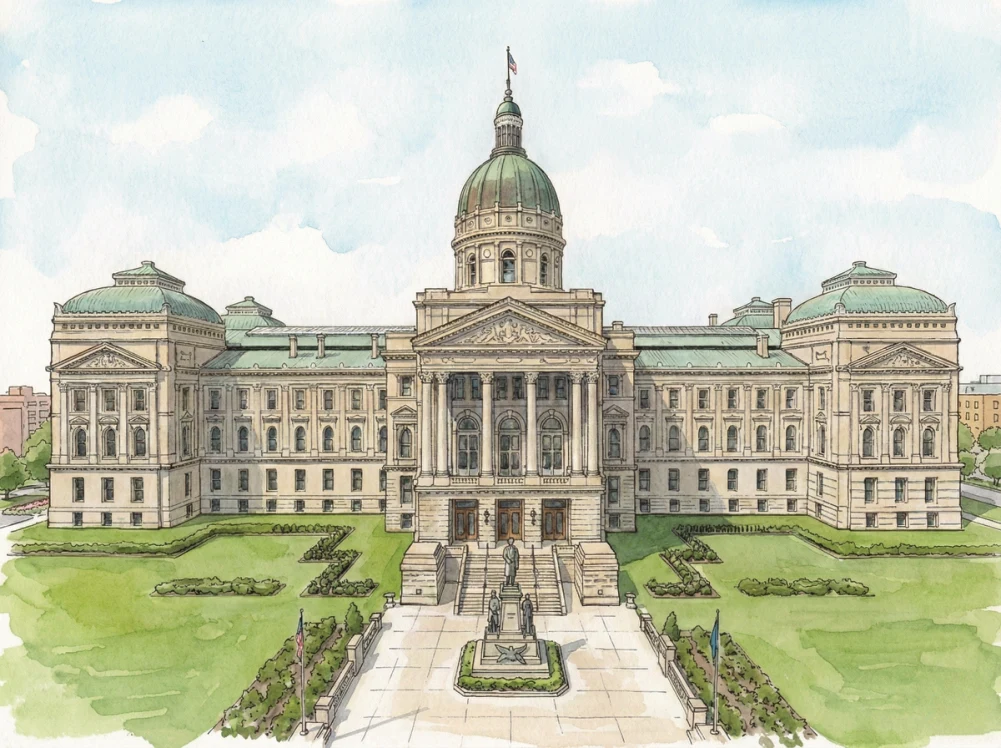 Watercolor illustration of the Indiana State Capitol in Indianapolis
