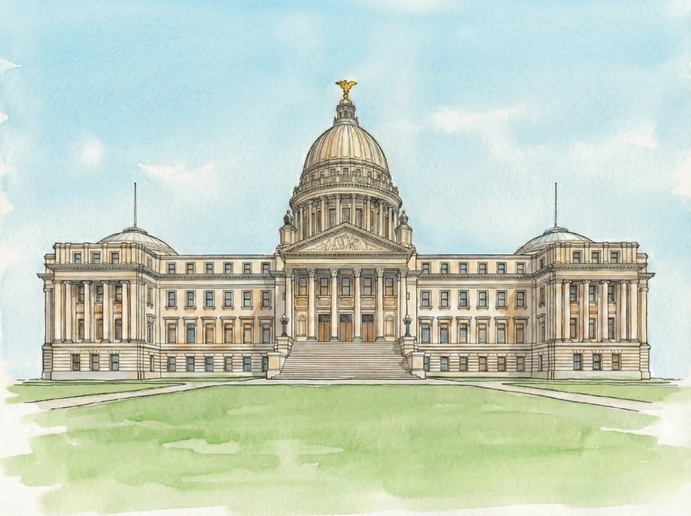 Watercolor illustration of the Mississippi State Capitol in Jackson