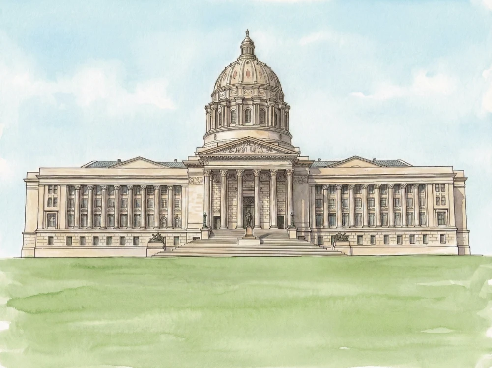 Watercolor illustration of the Missouri State Capitol in Jefferson City