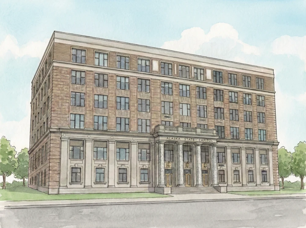 Watercolor illustration of the Alaska State Capitol in Juneau