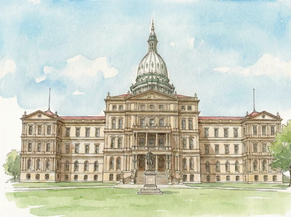 Watercolor illustration of the Michigan State Capitol in Lansing