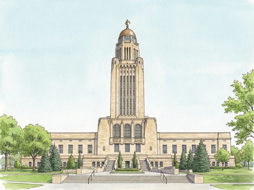 Watercolor illustration of the Nebraska State Capitol in Lincoln