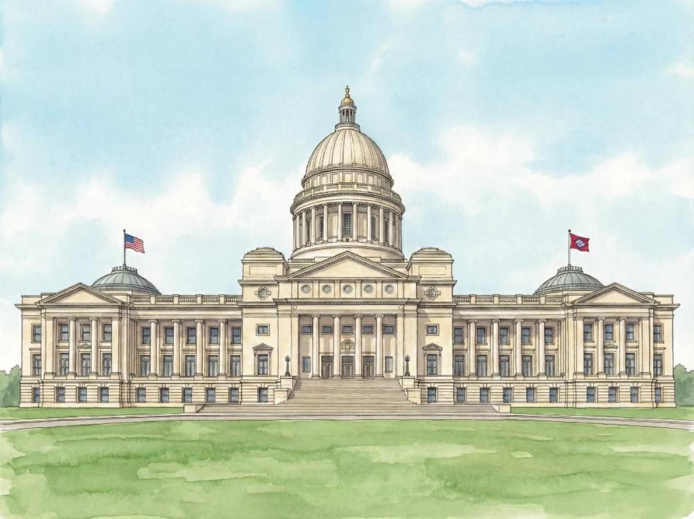 Watercolor illustration of the Arkansas State Capitol in Little Rock