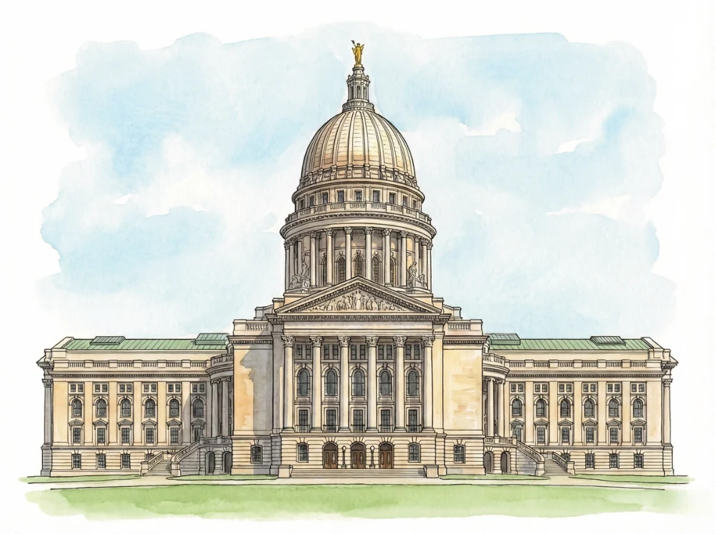 Watercolor illustration of the Wisconsin State Capitol in Madison