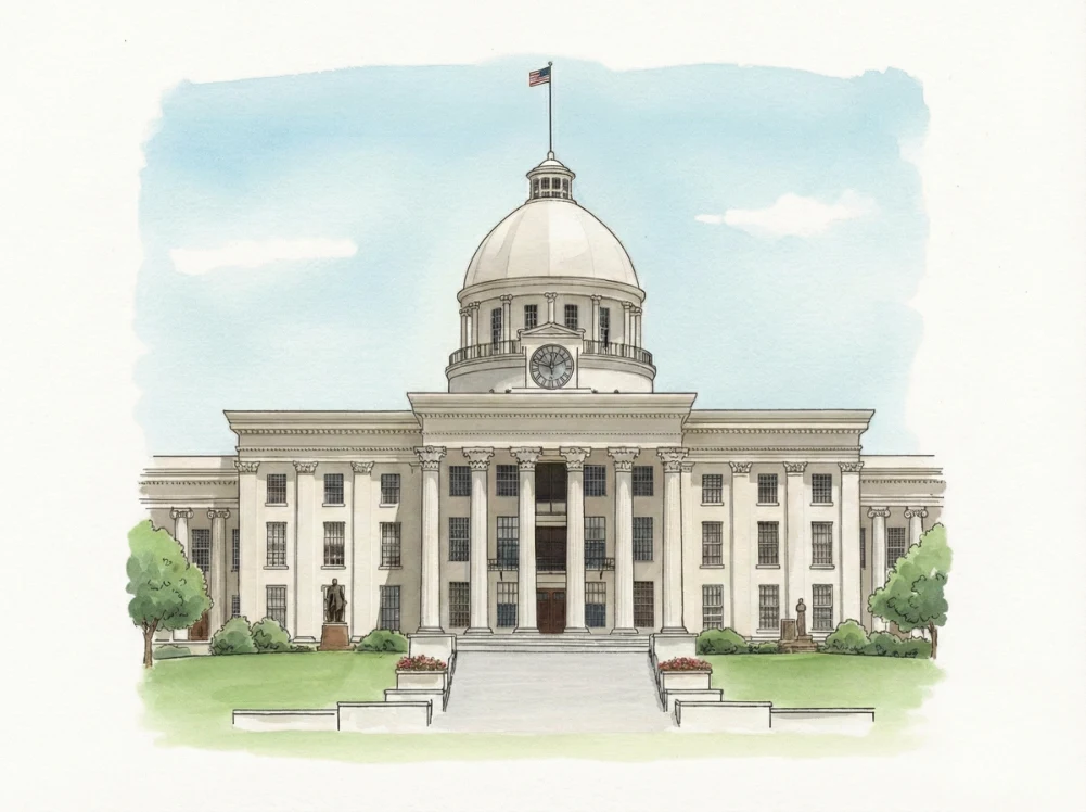 Watercolor illustration of the Alabama State Capitol in Montgomery