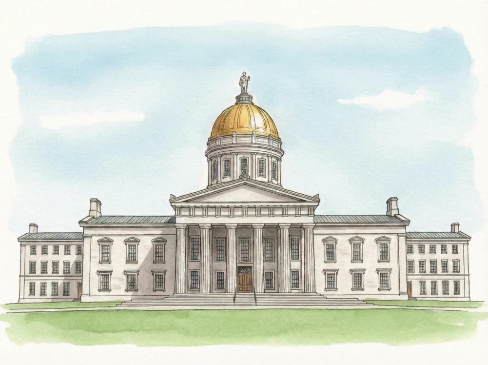 Watercolor illustration of the Vermont State Capitol in Montpelier