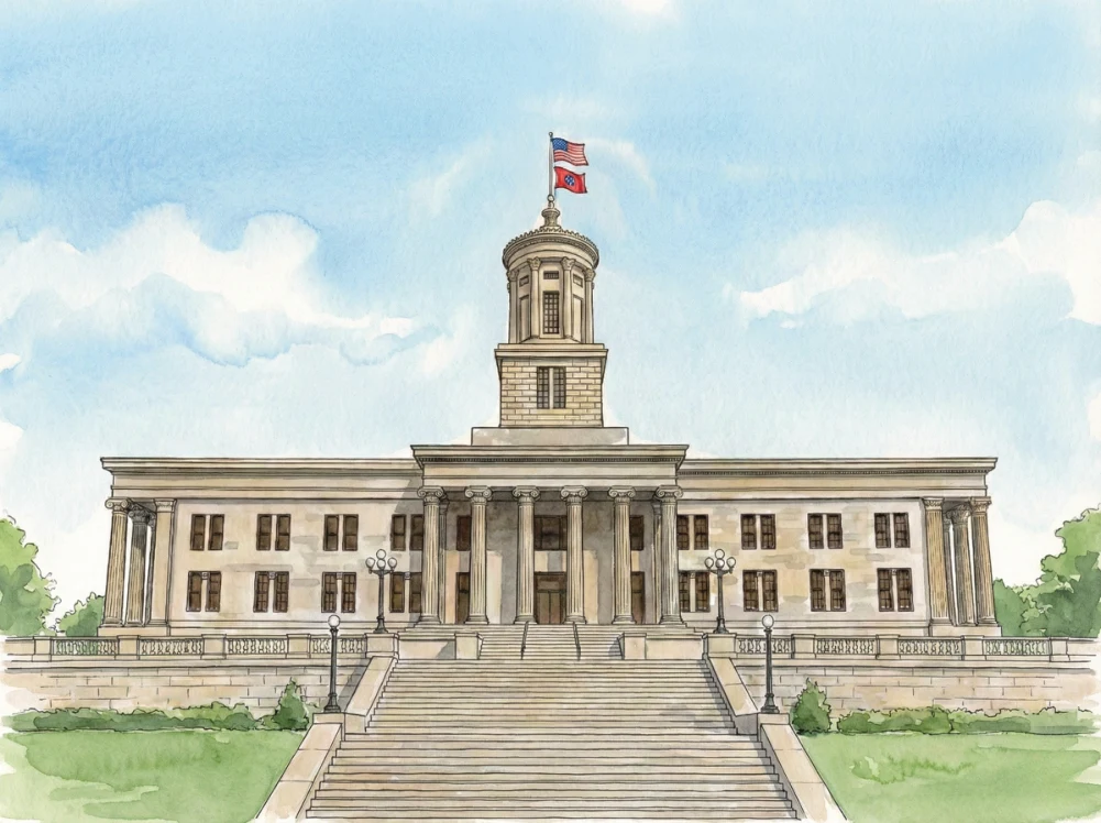 Watercolor illustration of the Tennessee State Capitol in Nashville