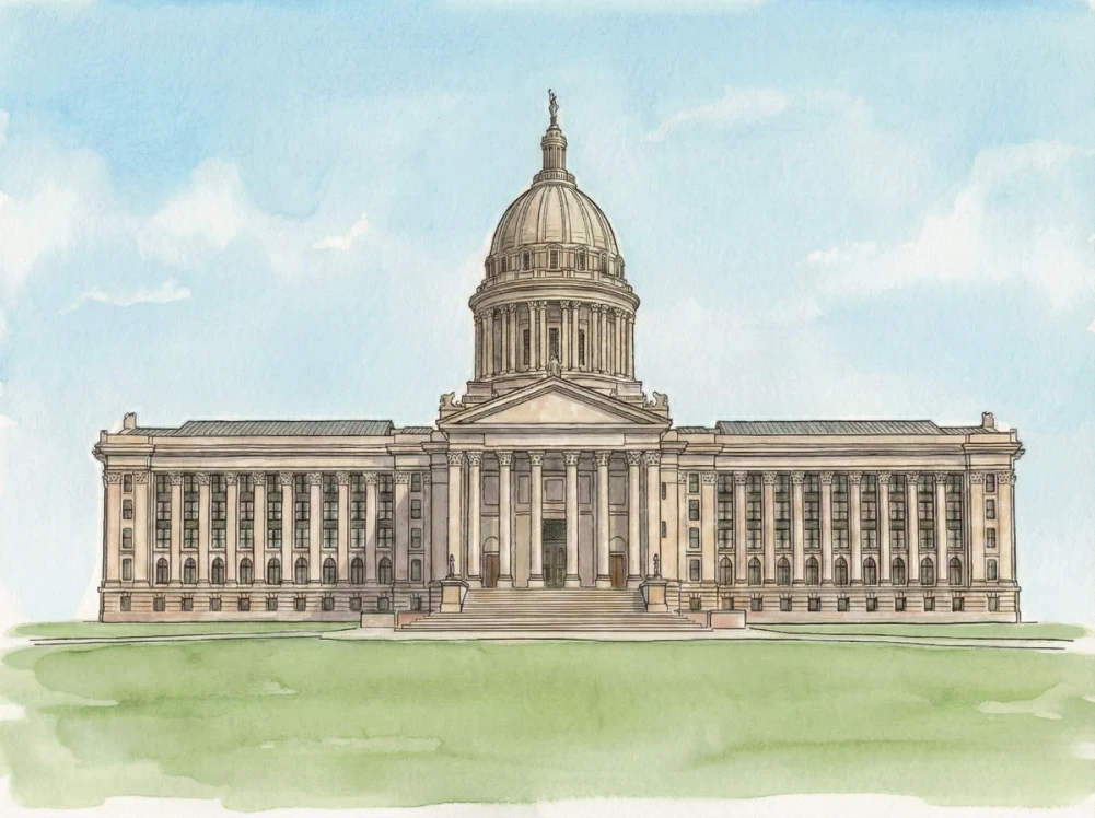 Watercolor illustration of the Oklahoma State Capitol in Oklahoma City