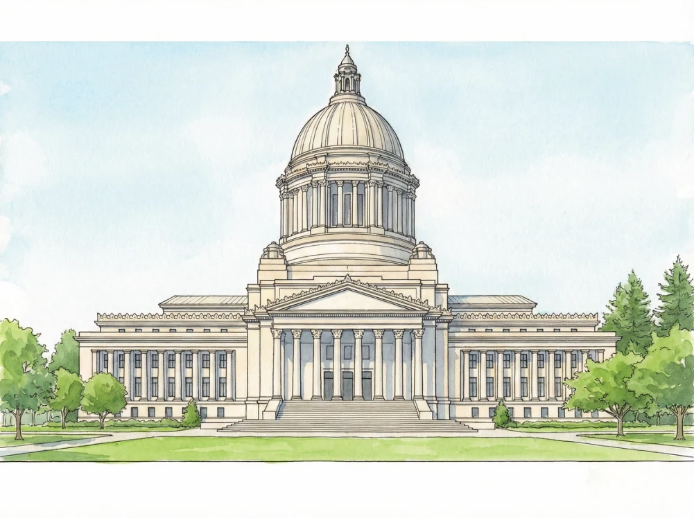 Watercolor illustration of the Washington State Capitol in Olympia