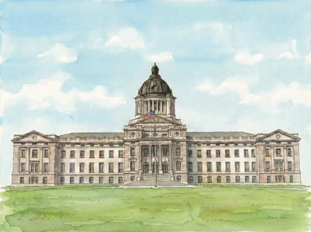 Watercolor illustration of the South Dakota State Capitol in Pierre