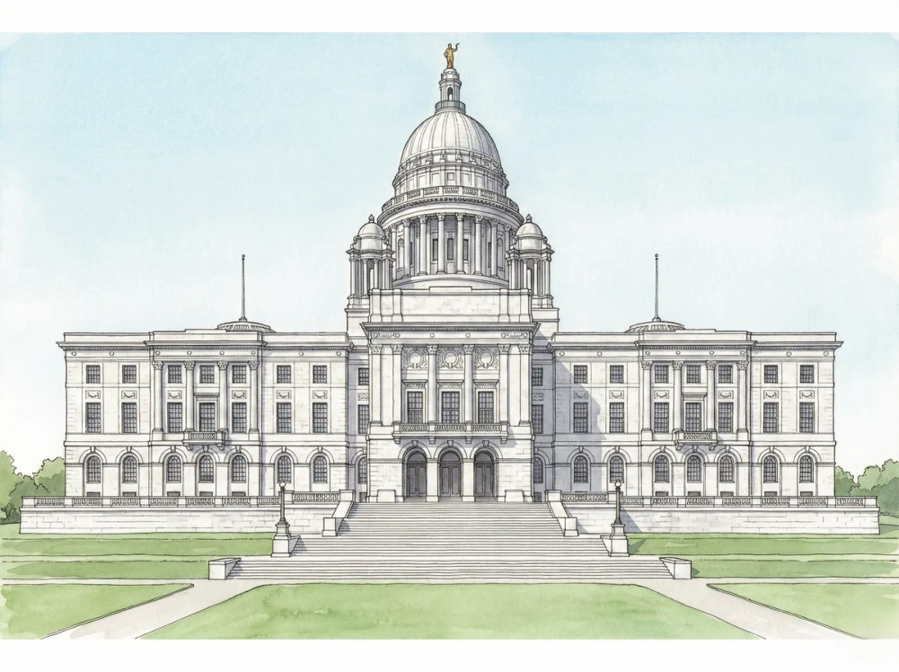 Watercolor illustration of the Rhode Island State Capitol in Providence