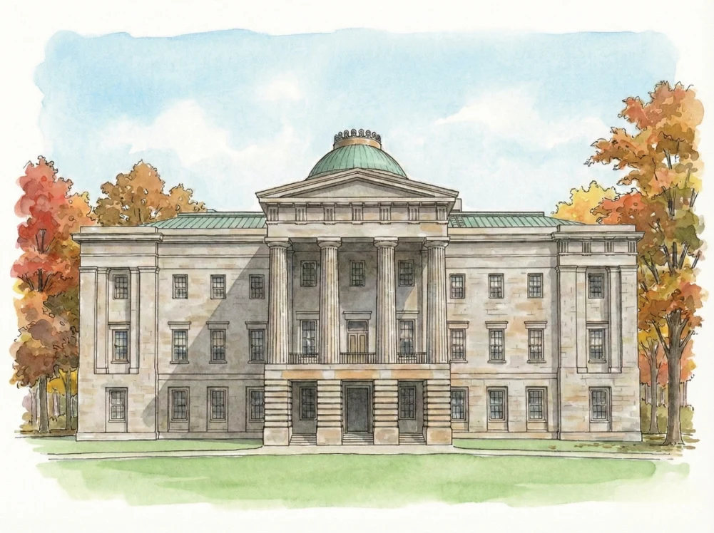 Watercolor illustration of the North Carolina State Capitol in Raleigh