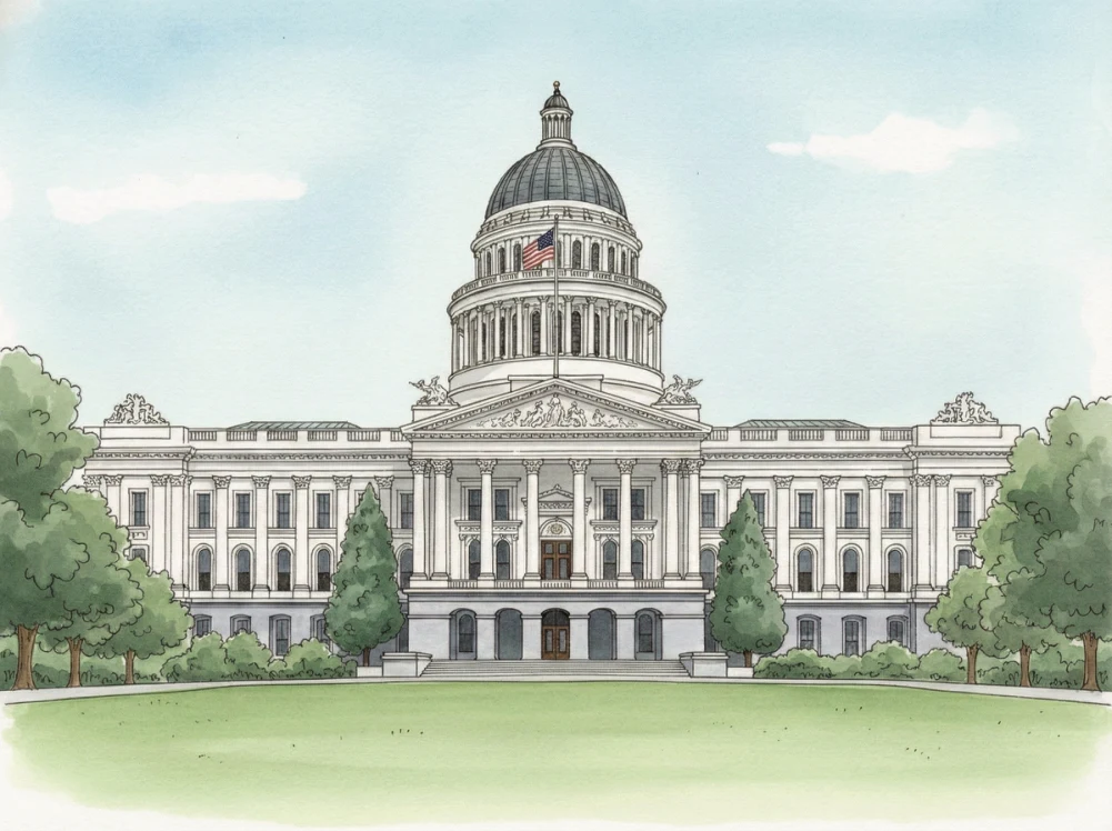 Watercolor illustration of the California State Capitol in Sacramento