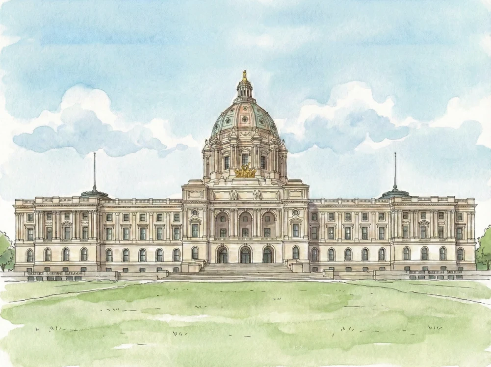 Watercolor illustration of the Minnesota State Capitol in Saint Paul
