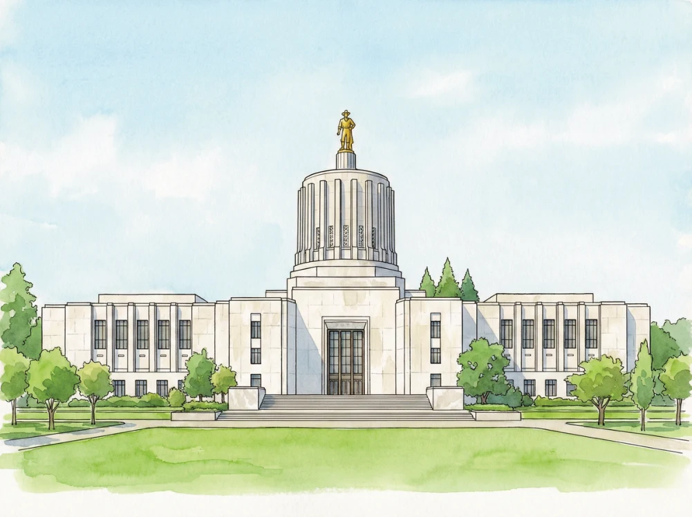 Watercolor illustration of the Oregon State Capitol in Salem