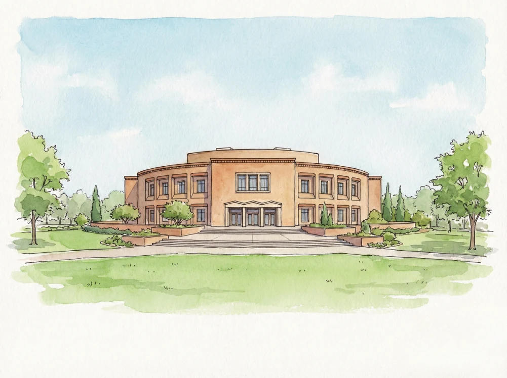 Watercolor illustration of the New Mexico State Capitol in Santa Fe