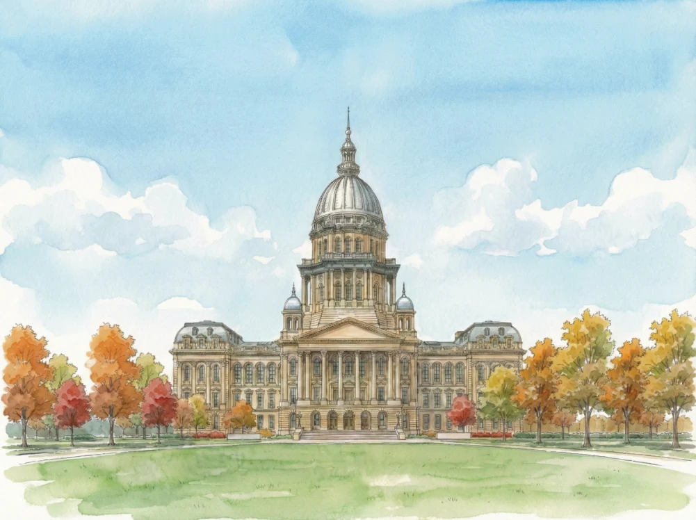Watercolor illustration of the Illinois State Capitol in Springfield