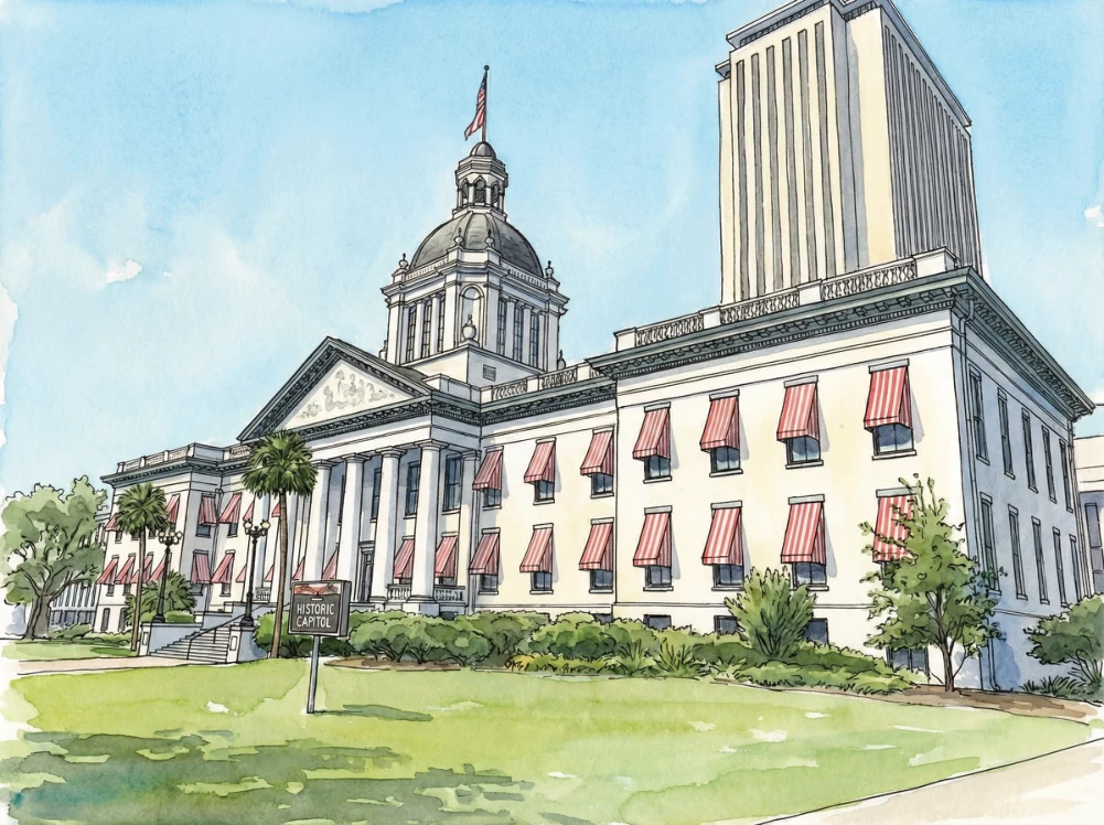 Watercolor illustration of the Florida State Capitol in Tallahassee