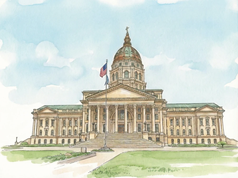 Watercolor illustration of the Kansas State Capitol in Topeka